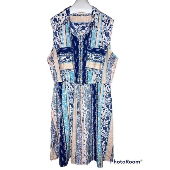 Mph Collection Womens 2X Plus Pink & Blue Button Up Collared Sleeveless Dress - Picture 1 of 6